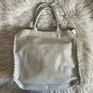 Let & Her Gray Leather Multicolor Snake Skin Side Whipstitch Large Tote Bag EUC